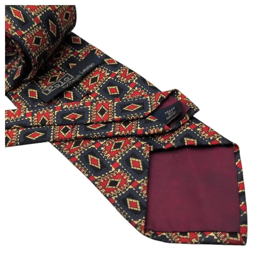 Polo Ralph Lauren Tie 100% Silk Red Blue Cream Rectangles Diamonds 90s 58.5
